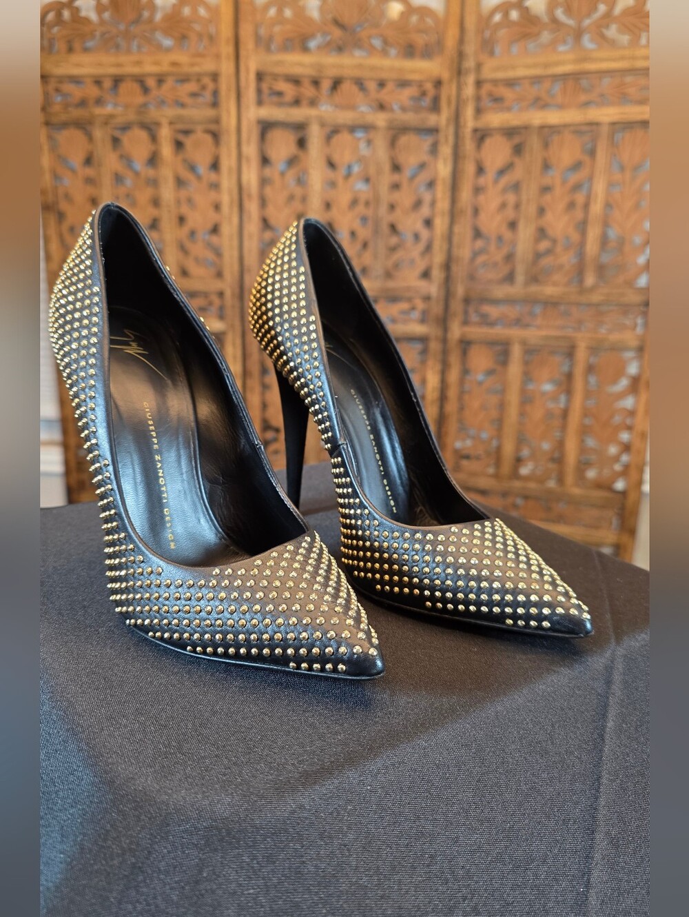 Giuseppe Zanotti Black Studded Pointed-Toe Stiletto Heels with Gold Studs